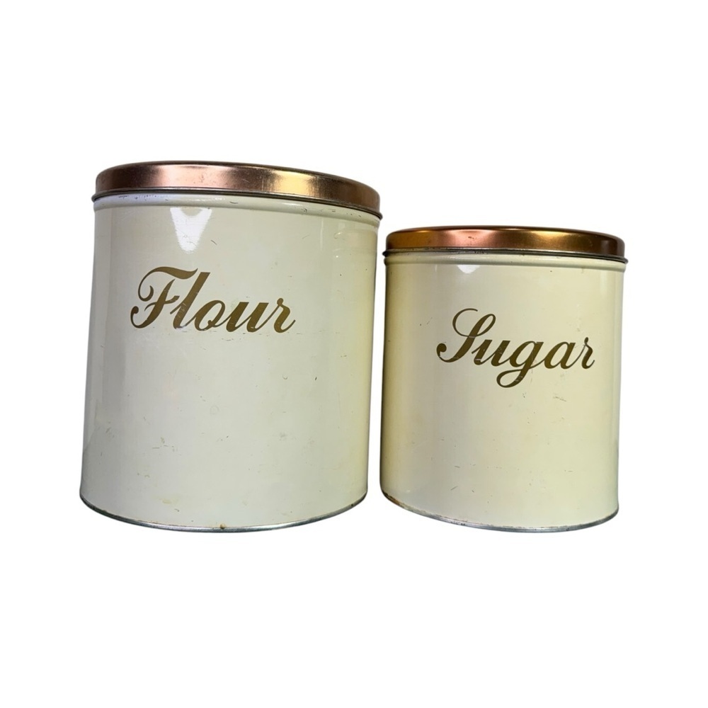Gold Farmhouse Vintage Tin Canisters, Set of 2 Flour & Sugar Retro Canister Set